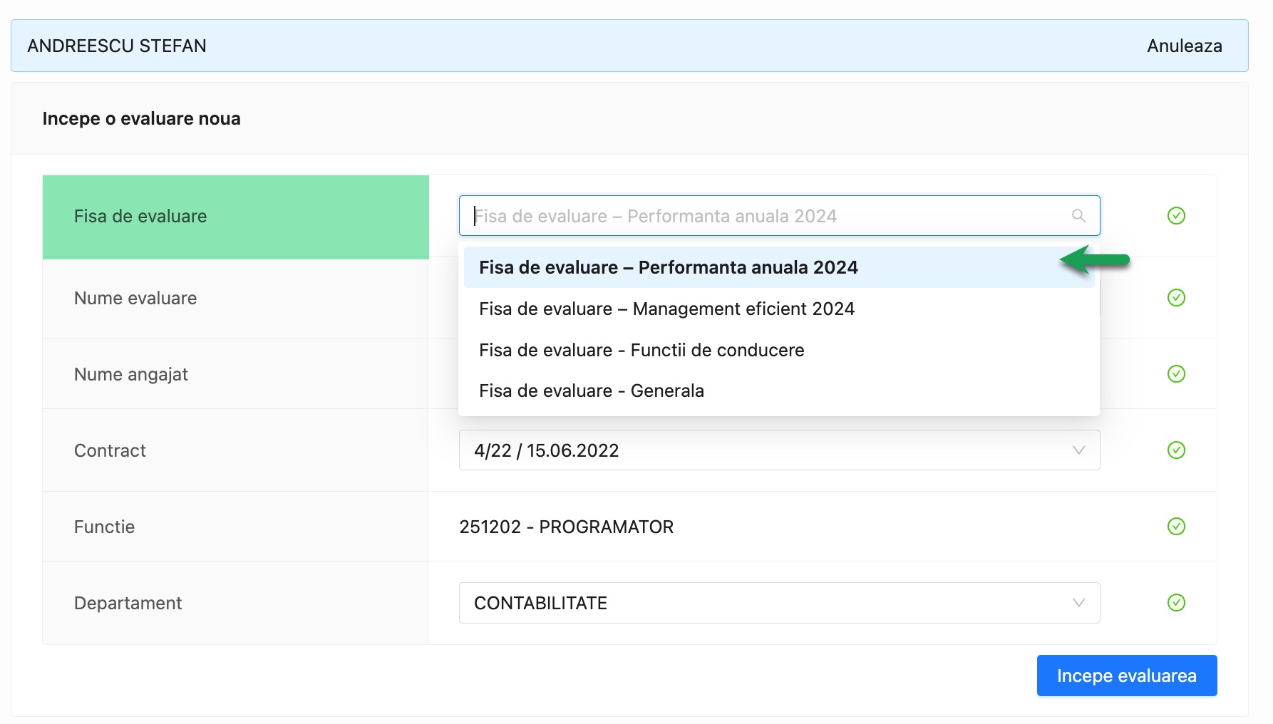 Selectare model fisa de evaluare