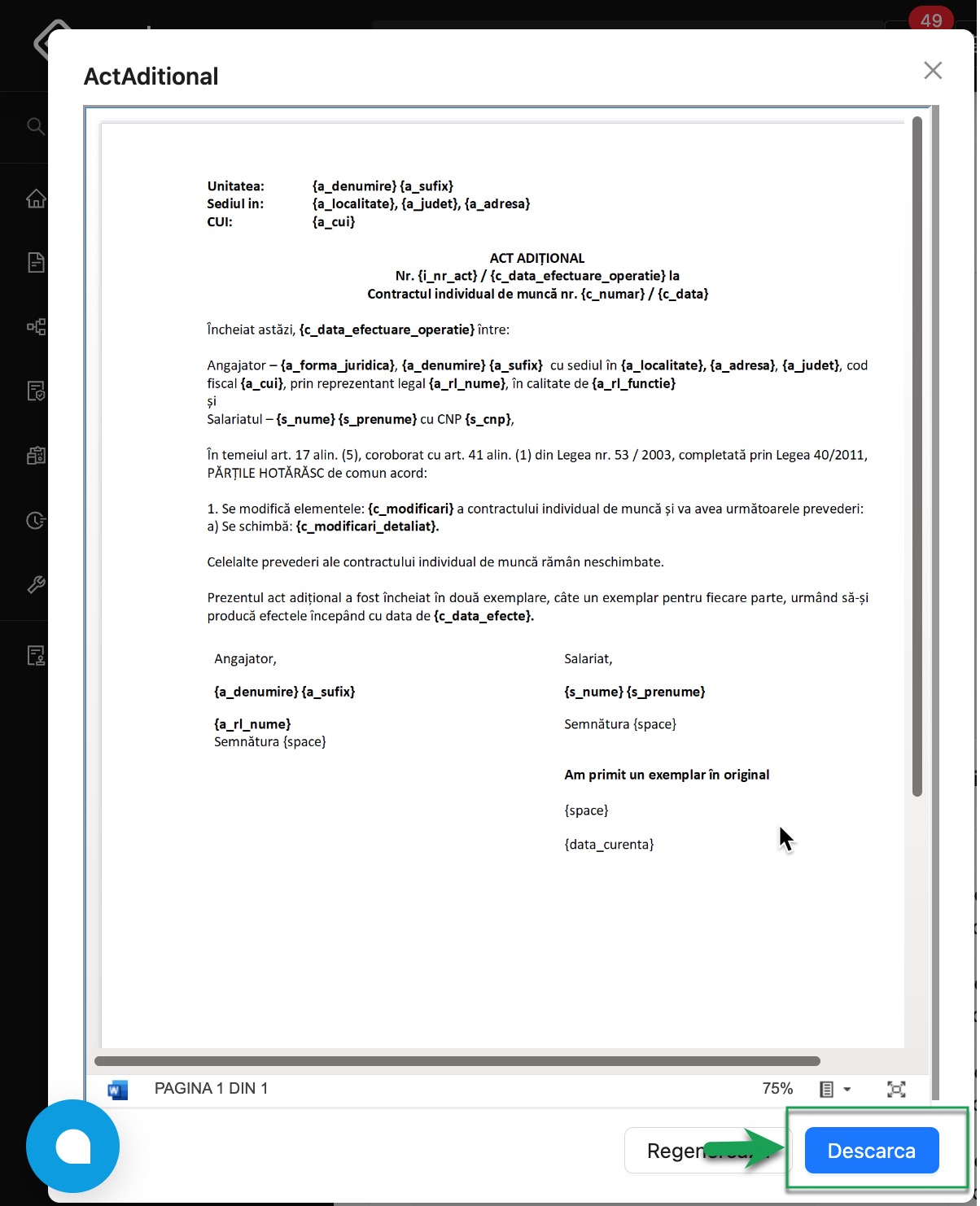 Descarcarea documentului Act Aditional generat de platforma qPlus