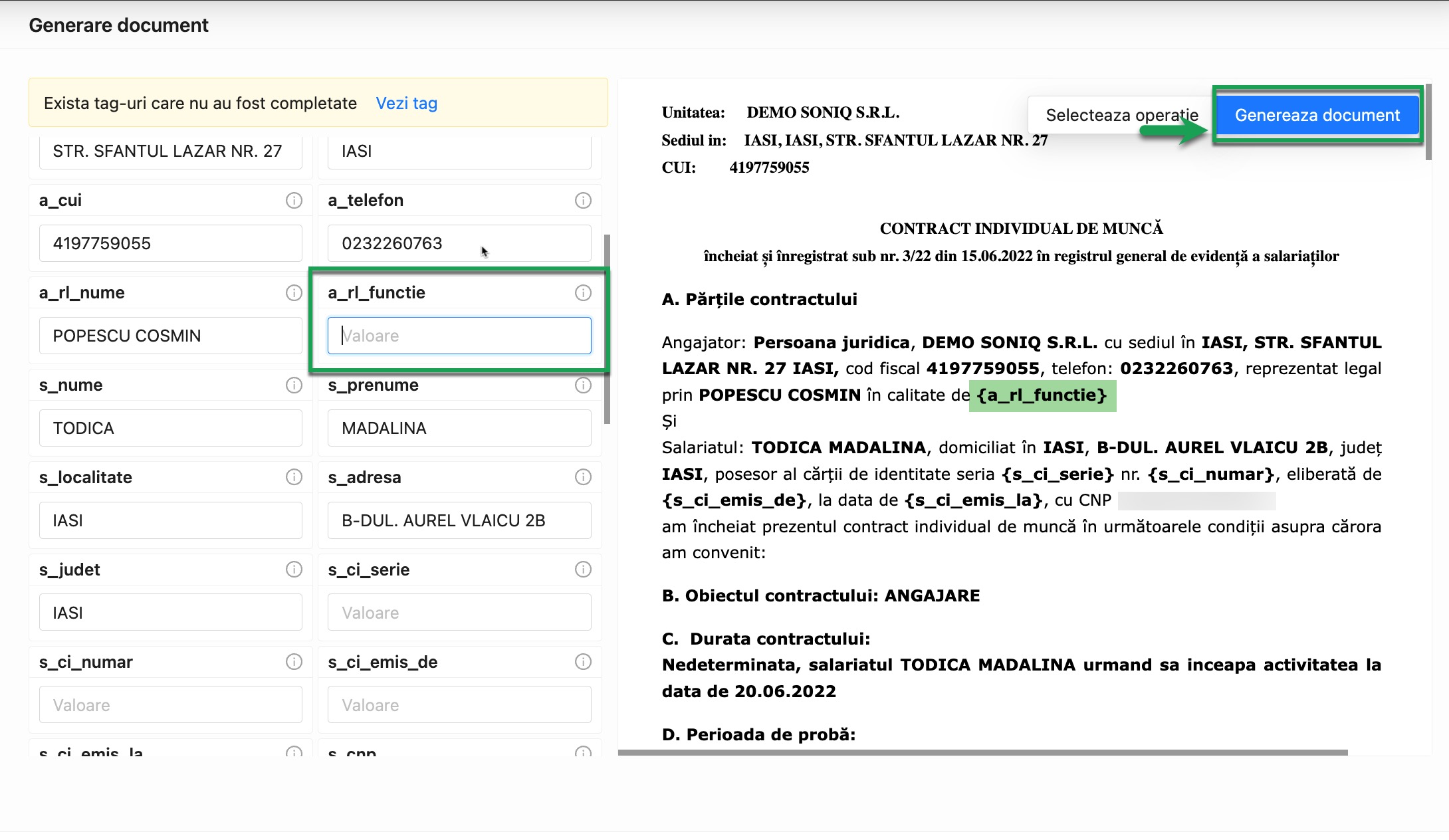 Editarea informatiilor salariatului, contractului, angajatorului in documentul HR