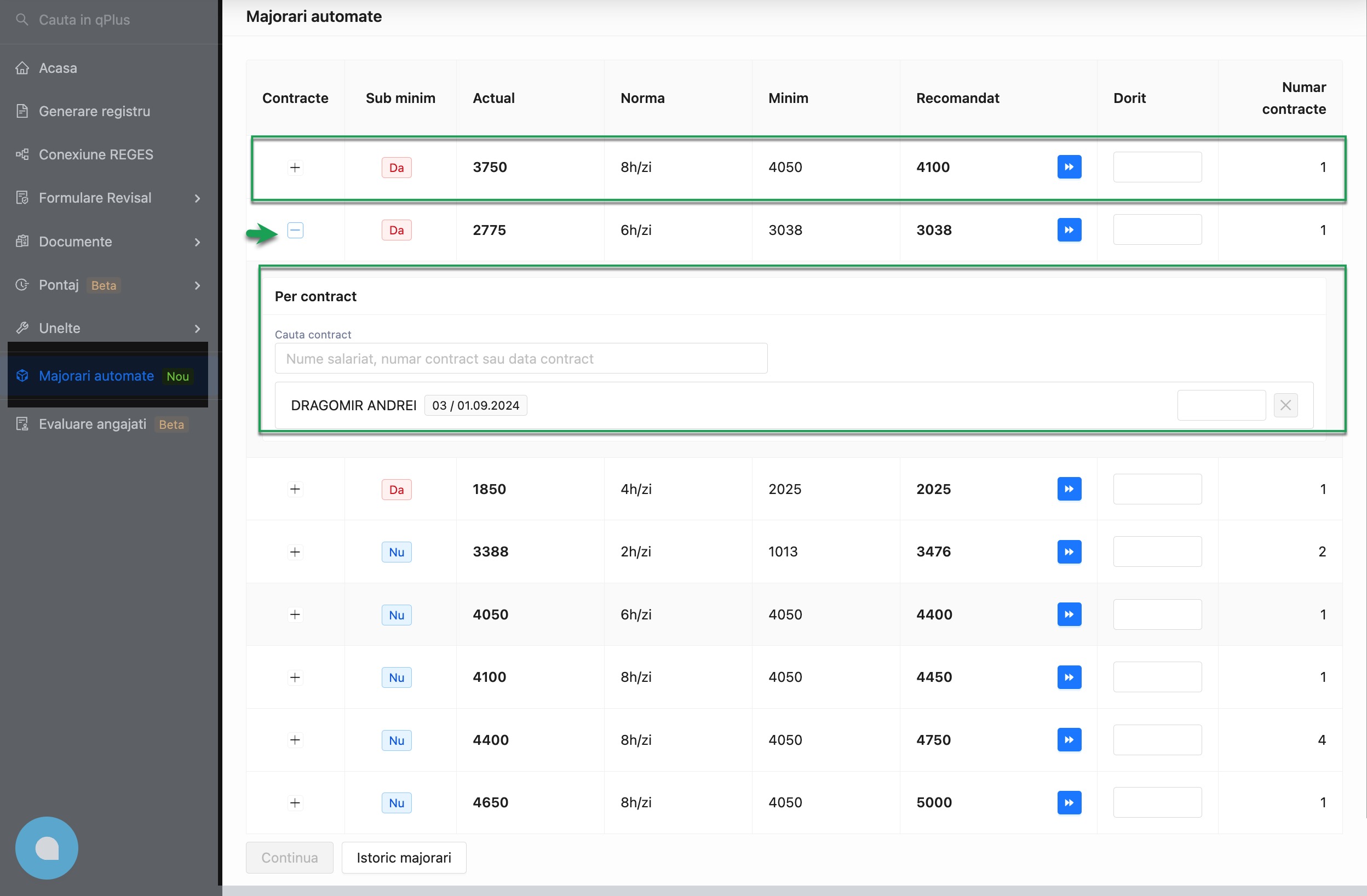 Meniu majorari salariale automate 