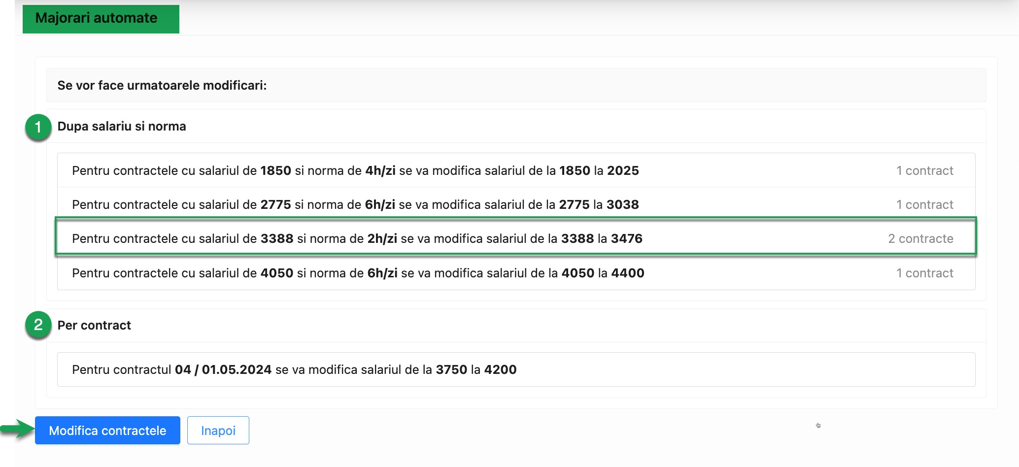 Meniu majorari salariale automate 