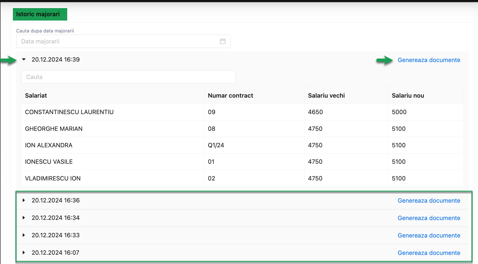 Meniu majorari salariale automate 