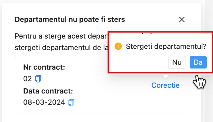 Operarea unei corectii de contract pentru stergerea departamentului