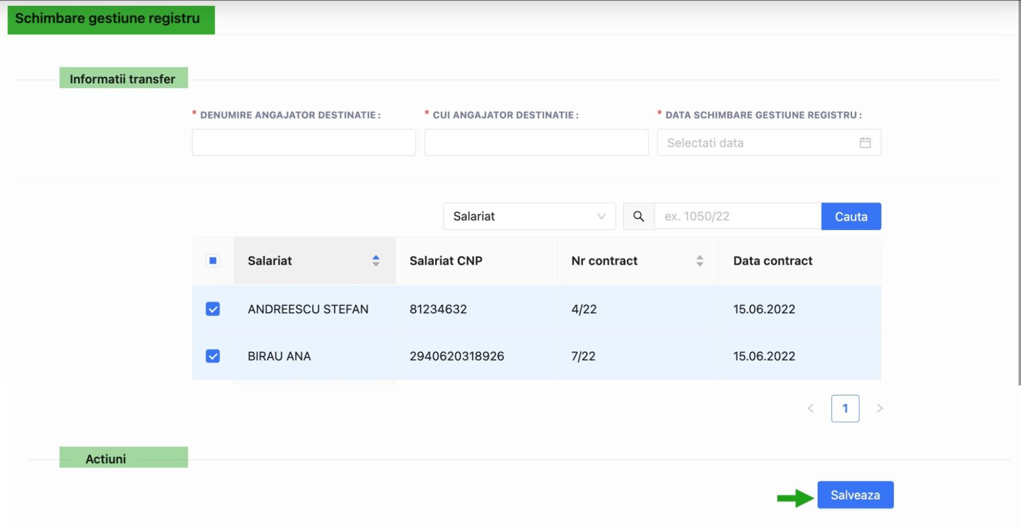 Selectarea contractelor pentru schimbare gestiune registru contract