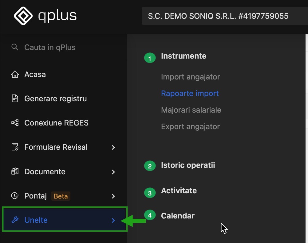 Modulul Unelte: import angajator, rapoarte import, majorari salariale, export angajator, istoric operatii efectuate in registrul general de eveidenta a salariatilor