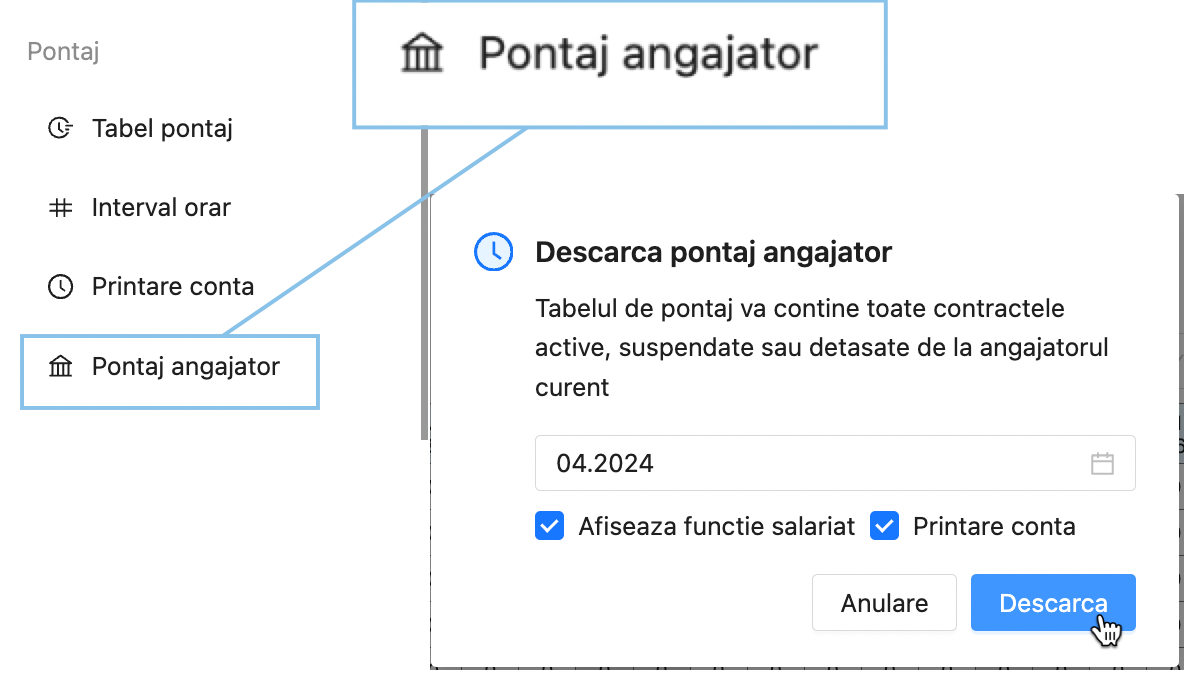 Pontaj anagajator: toate contractele active, suspendate, detasate de la punctele de lucru si departamentele firmei