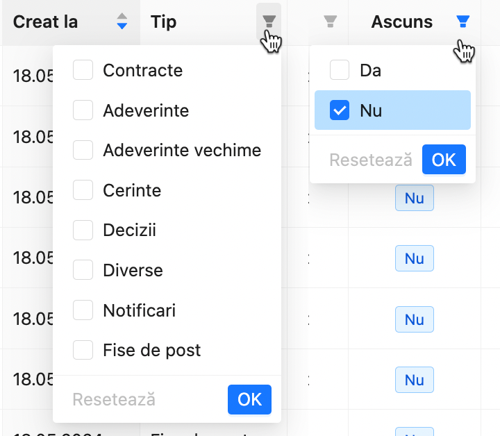 Afisare tipizate in qPlus dupa tip documente: contracte, adeverinte, cereri, decizii, fise de post, adeverinte vechime