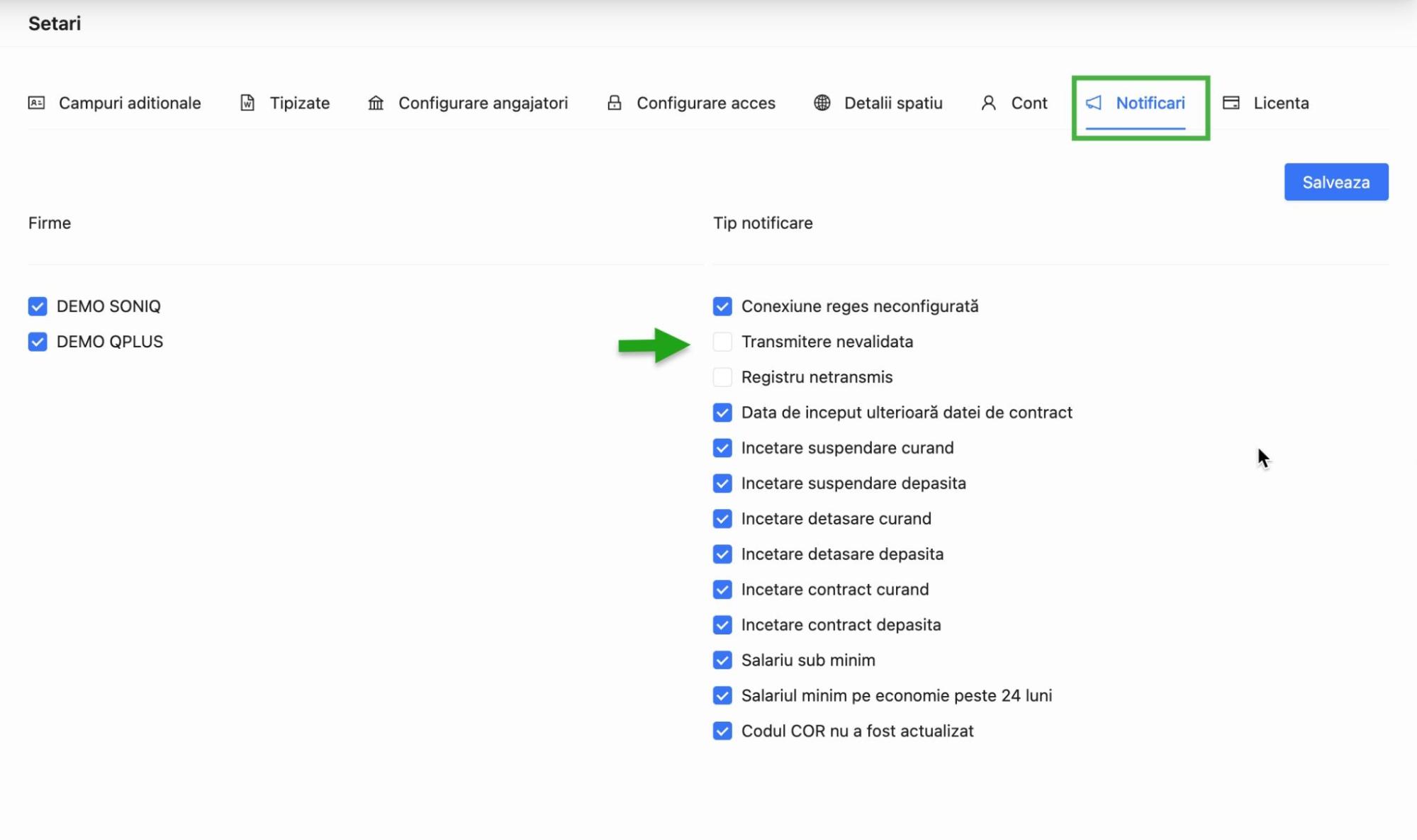 Configurarea notificarilor pentru incetare suspendare, detasare, incetare contract, salariul minim pe economie, cod COR neactualizat si registru .rvs netransmis in qPlus