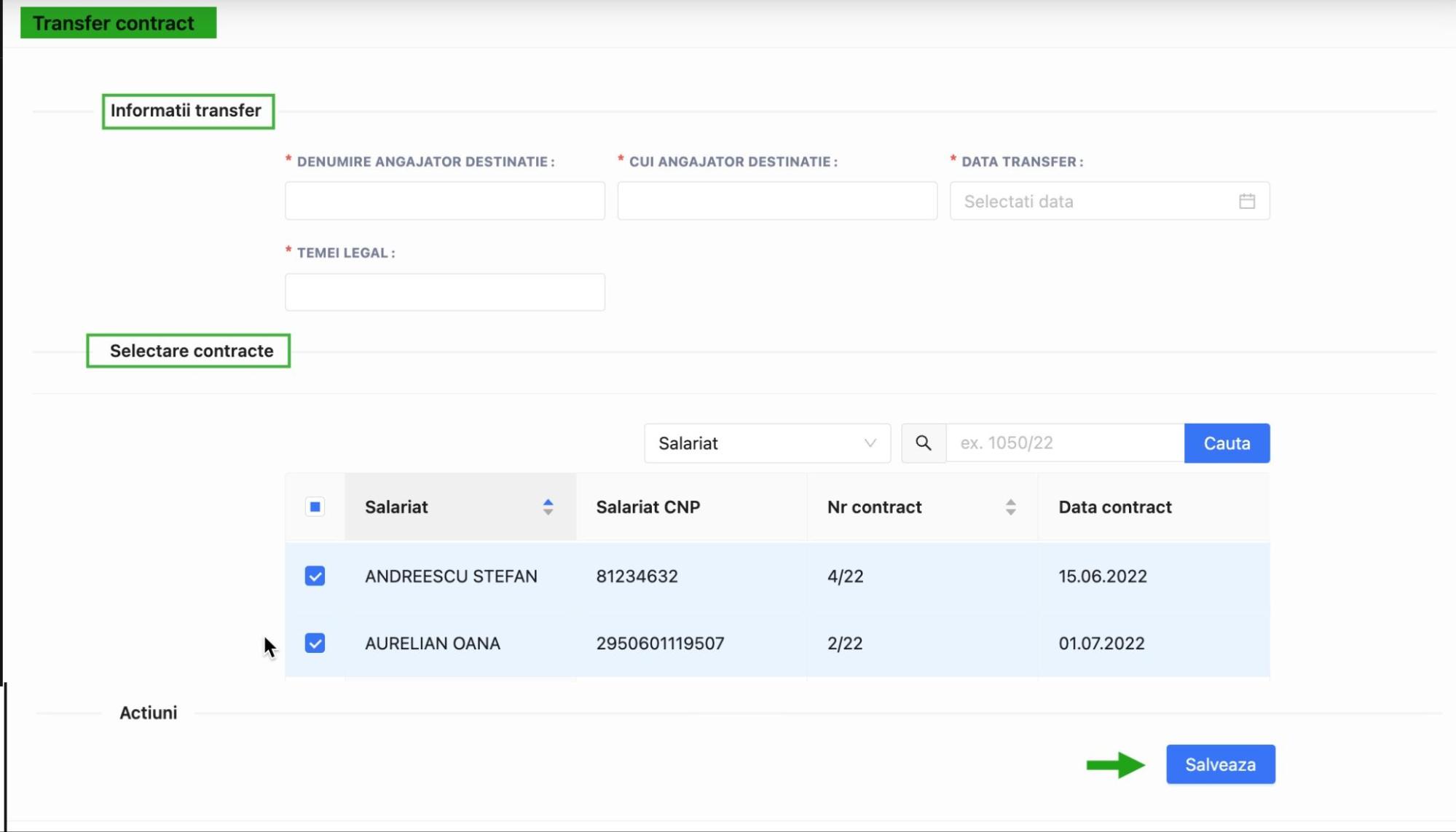 Inregistrarea unui transfer de contracte in regsitrul de evidenta a salariatilor