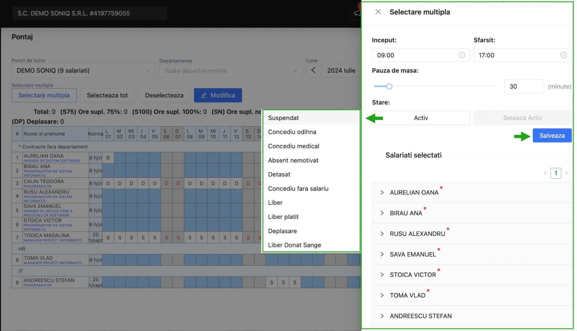 Selectarea multipla a salariatilor. Setarea starii salariatilor: activ, concediu odihna, liber, liber platit, concediu medical
