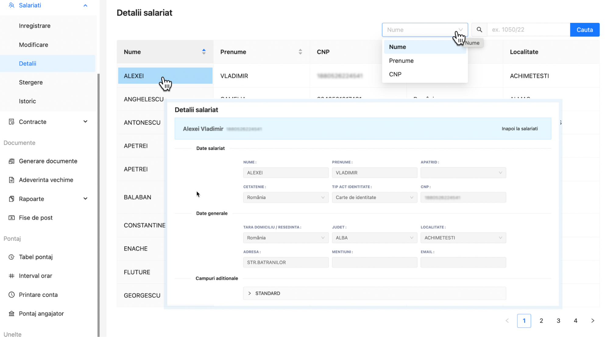 Lista salariatilor inregistrati si vizualizarea detaliilor salariatilor: Nume, CNP, Cetatenie, Domiciliu