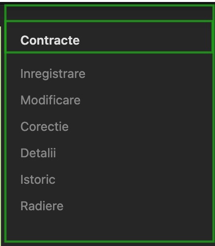 Formular REVISAL pentru contracte: Inregistrare contract, Modificare contract, Corectie contract, Detalii contract, Radiere contract, Istoric contract