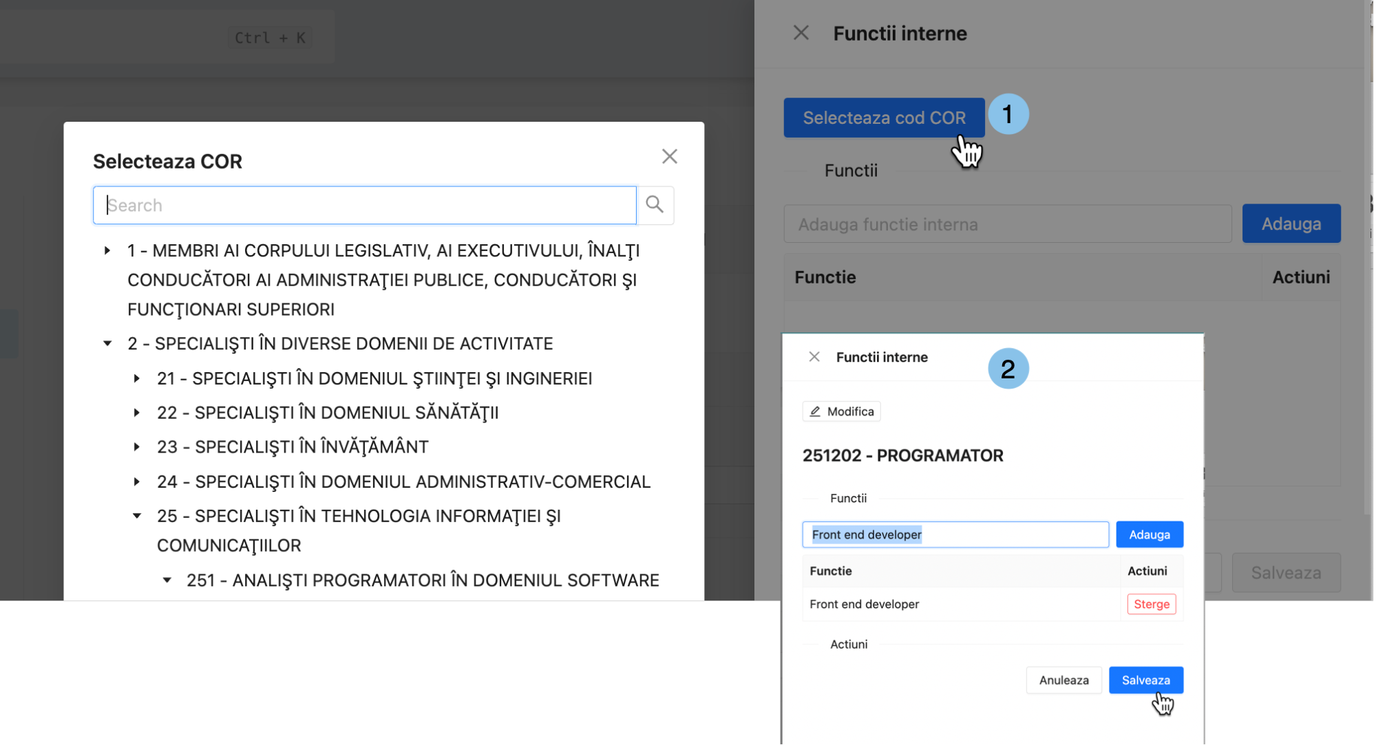 Selectare cod COR si adaugare functie interna in patforma de HR qPlus