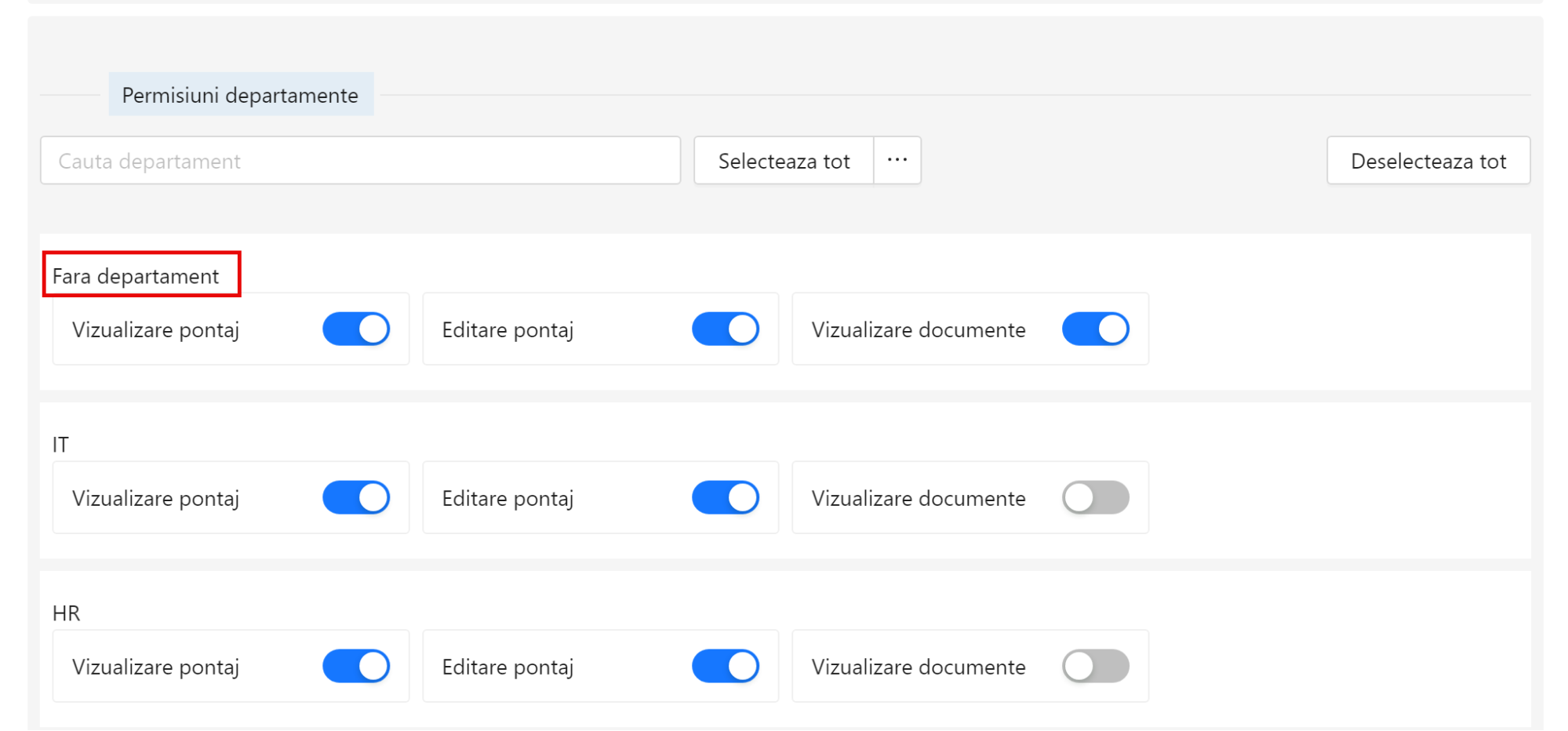  Permisiuni departamente pentru vizualizare si editare pontaj, vizualizare documente