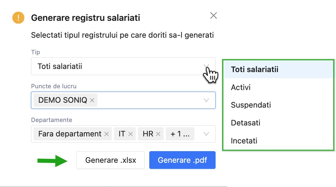 Generare registru salariati activi, suspendati, detasati, incetati