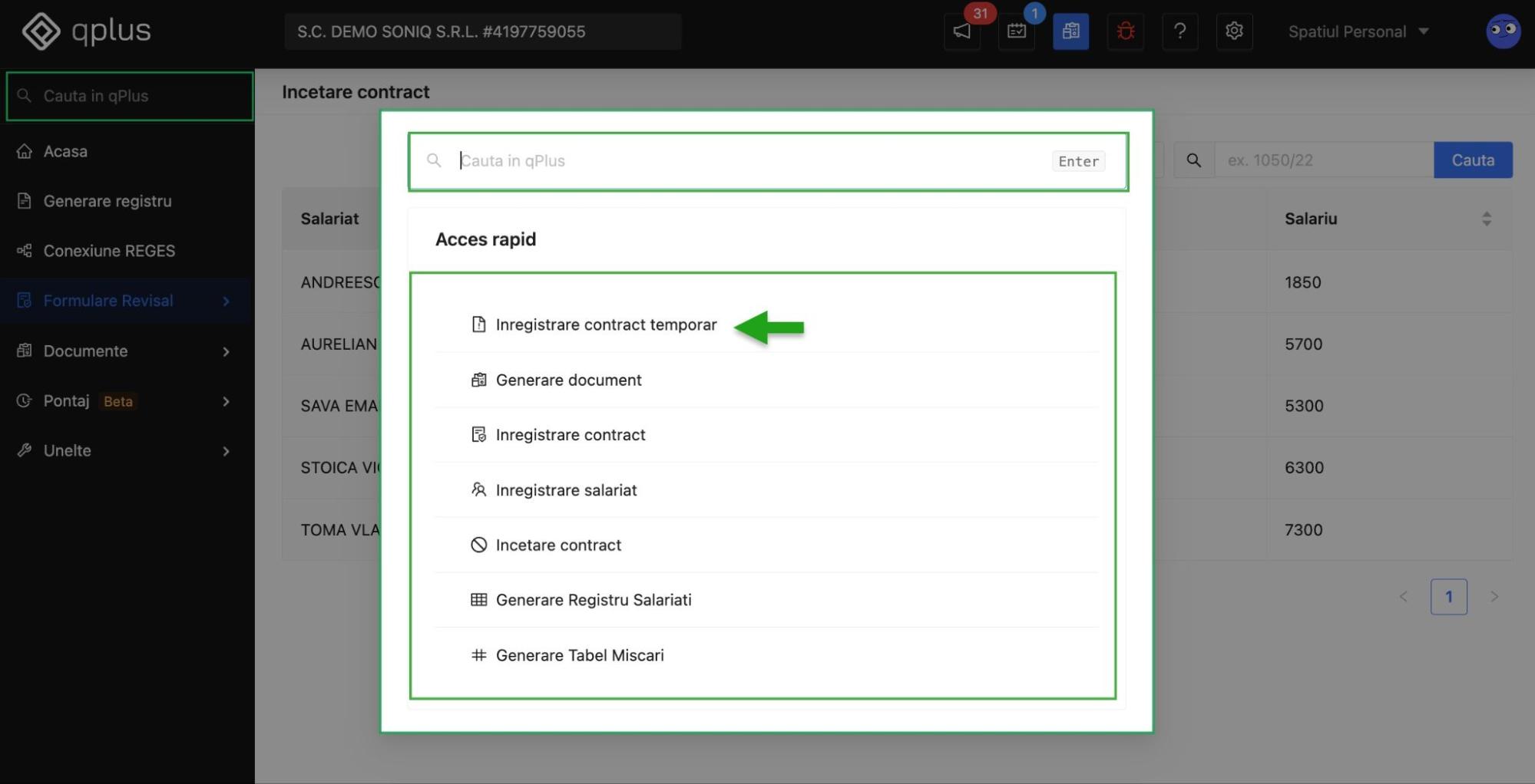 Camp de cautare in platforma de resurse umane cu acces rapid la inregistrare contract, generare document, incetare contract, generare Registru Salariati