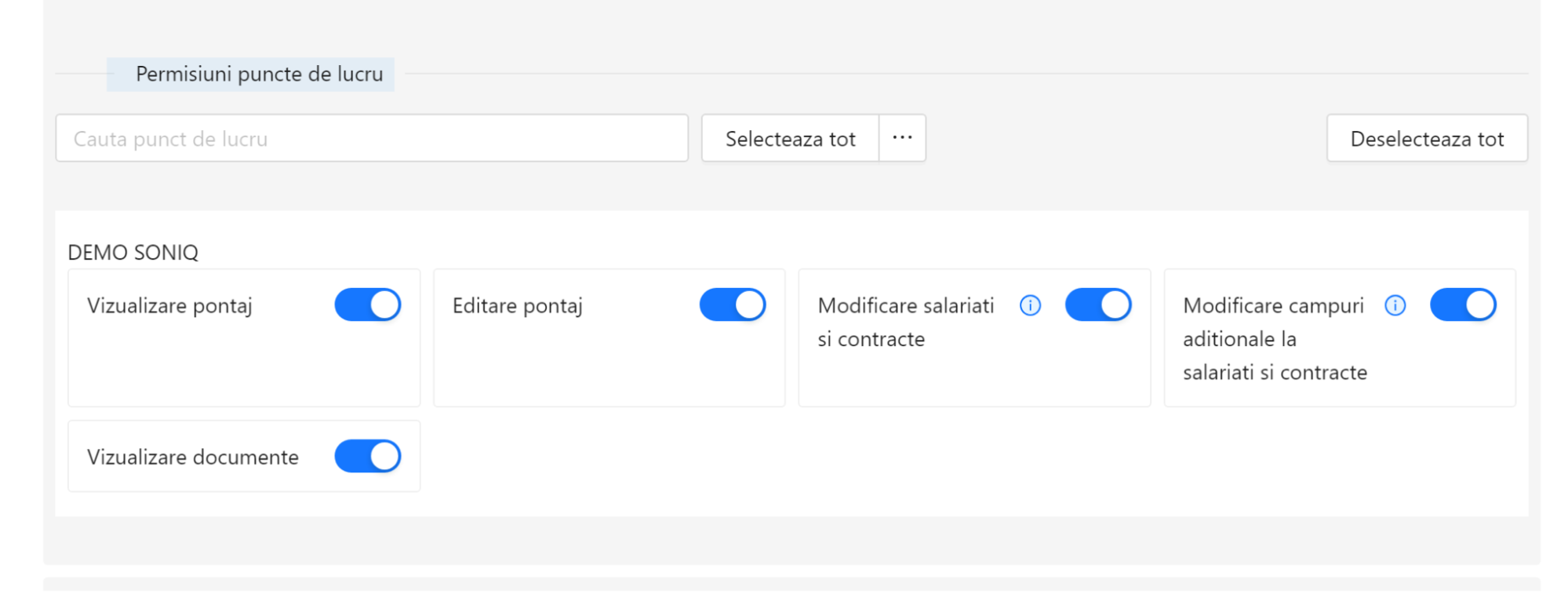 Permisiuni punct de lucru pentru vizualizare si editare pontaj, modificare salariati si contracte, si gestionare campuri aditionale