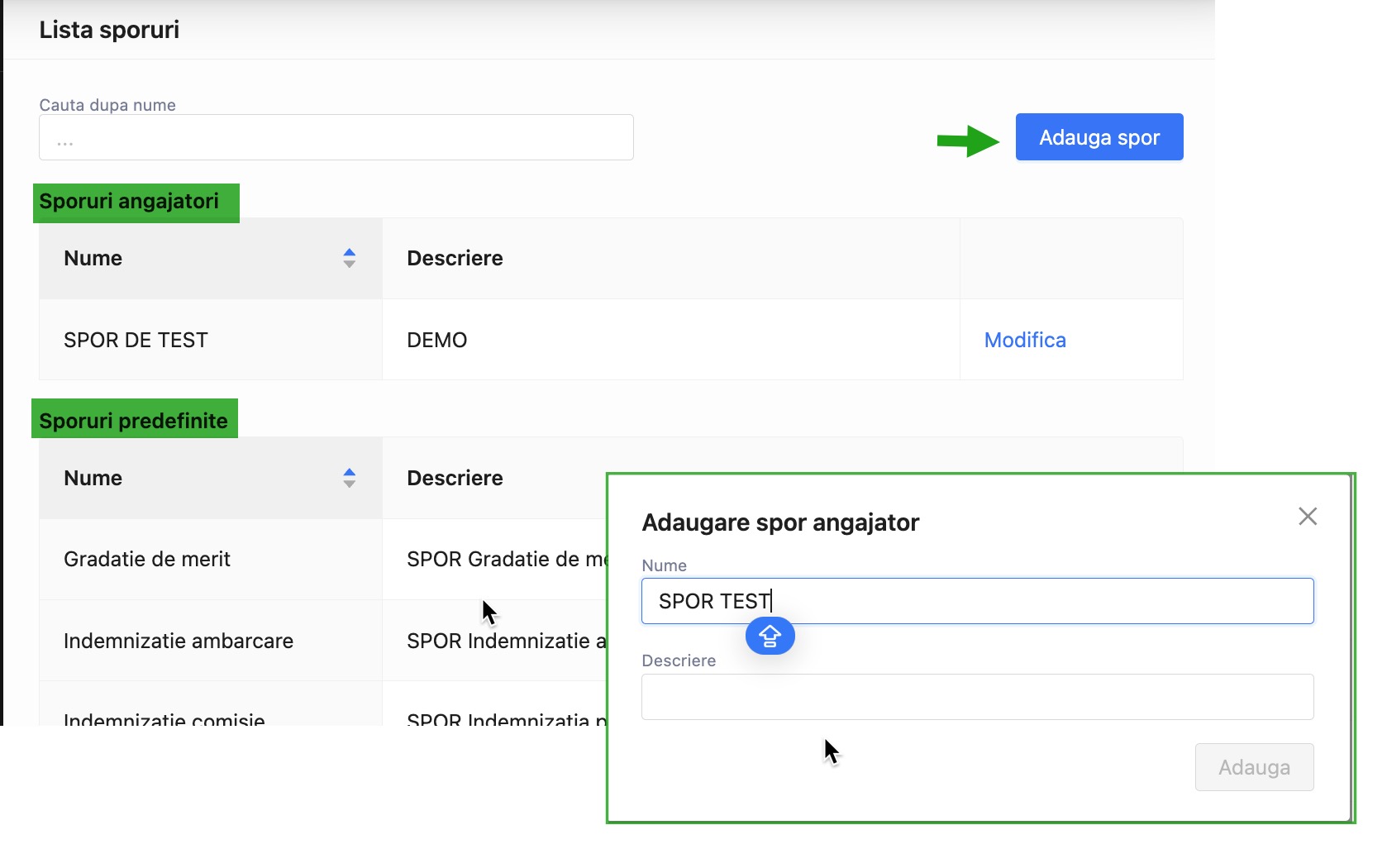 Configurare lista sporuri angajator