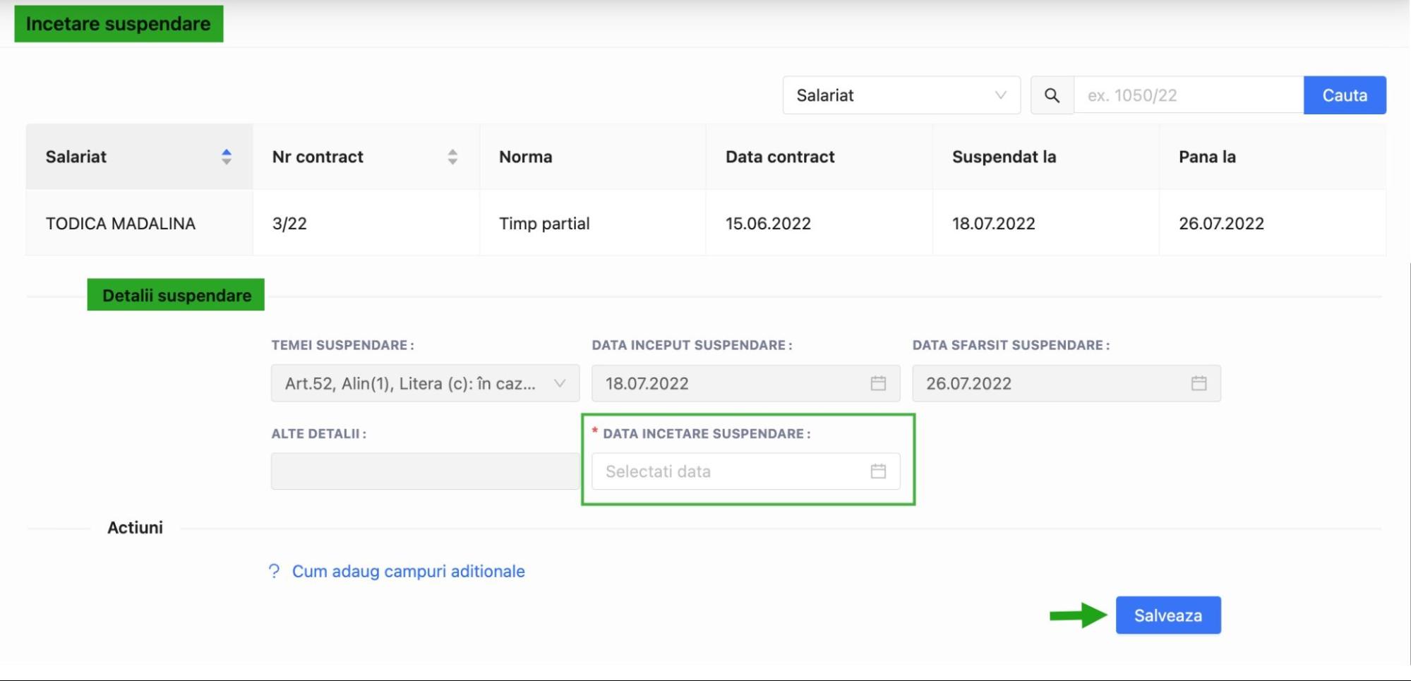 Inregistrare data incetare suspenadare contract