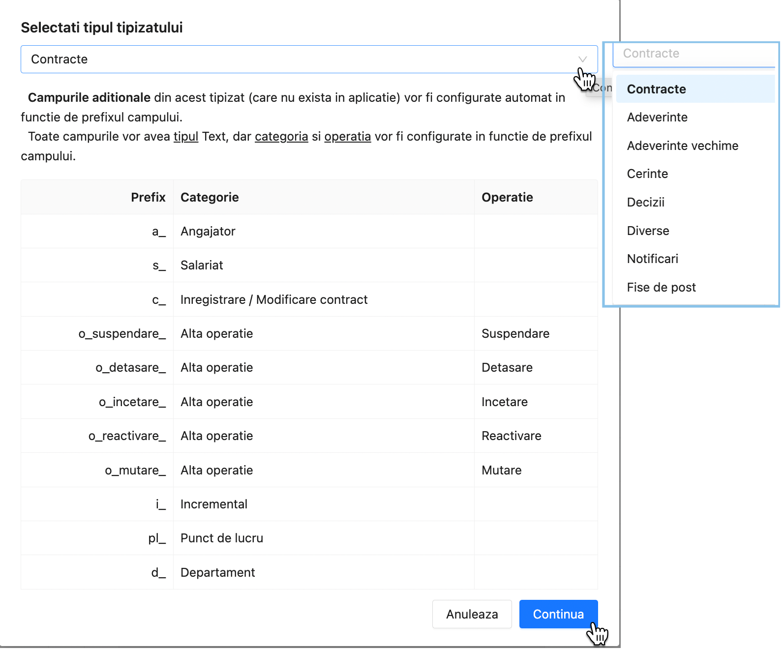 Selectare tip tipizat in qPlus, optiuni pentru contracte, adeverinte, decizii si configurare campuri aditionale