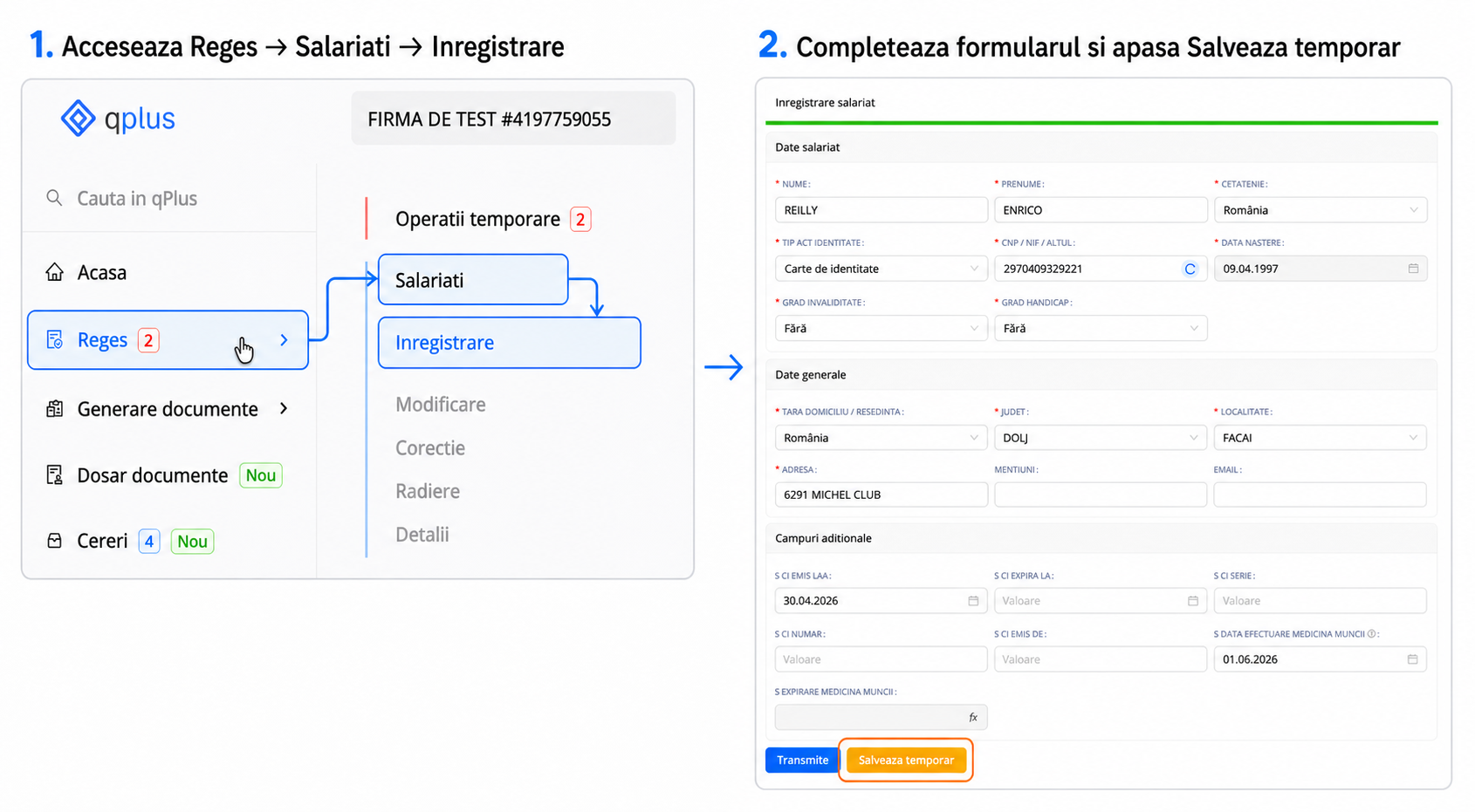 Inregistrarea unui salariat temporar din Reges, prin completarea formularului si selectarea optiunii Salveaza temporar