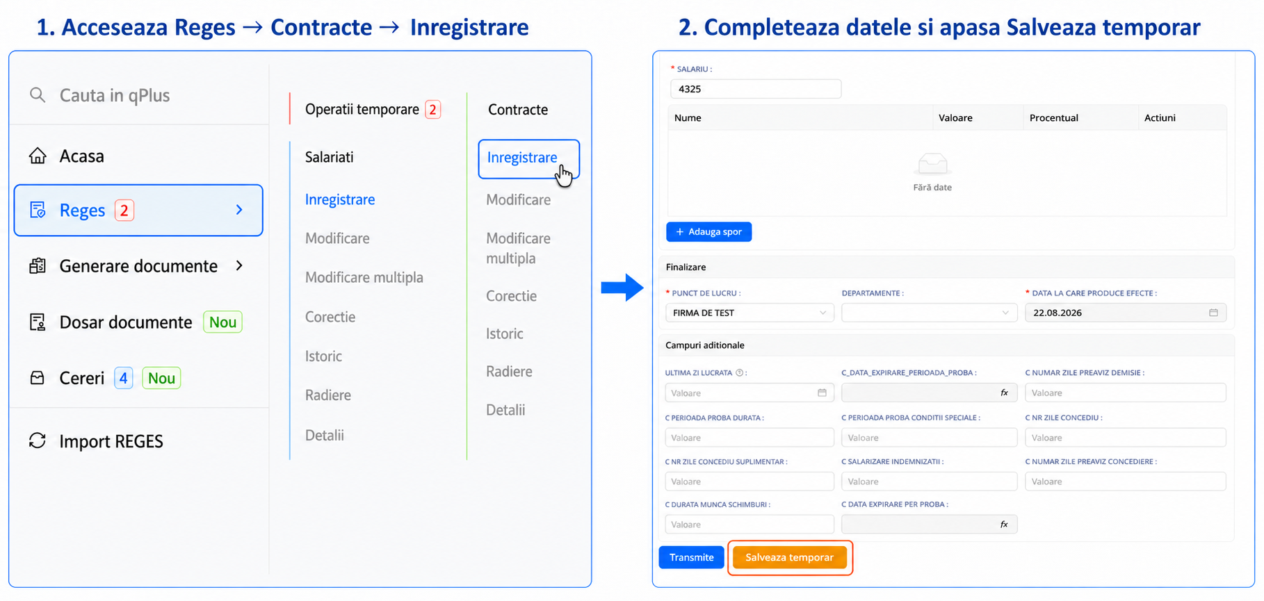 Inregistrarea unui salariat temporar din Reges, prin completarea formularului si selectarea optiunii Salveaza temporar
