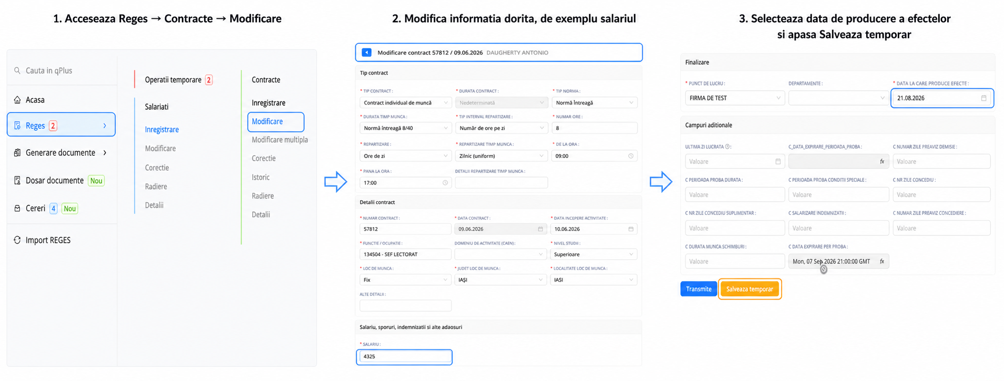 Inregistrarea unui salariat temporar din Reges, prin completarea formularului si selectarea optiunii Salveaza temporar