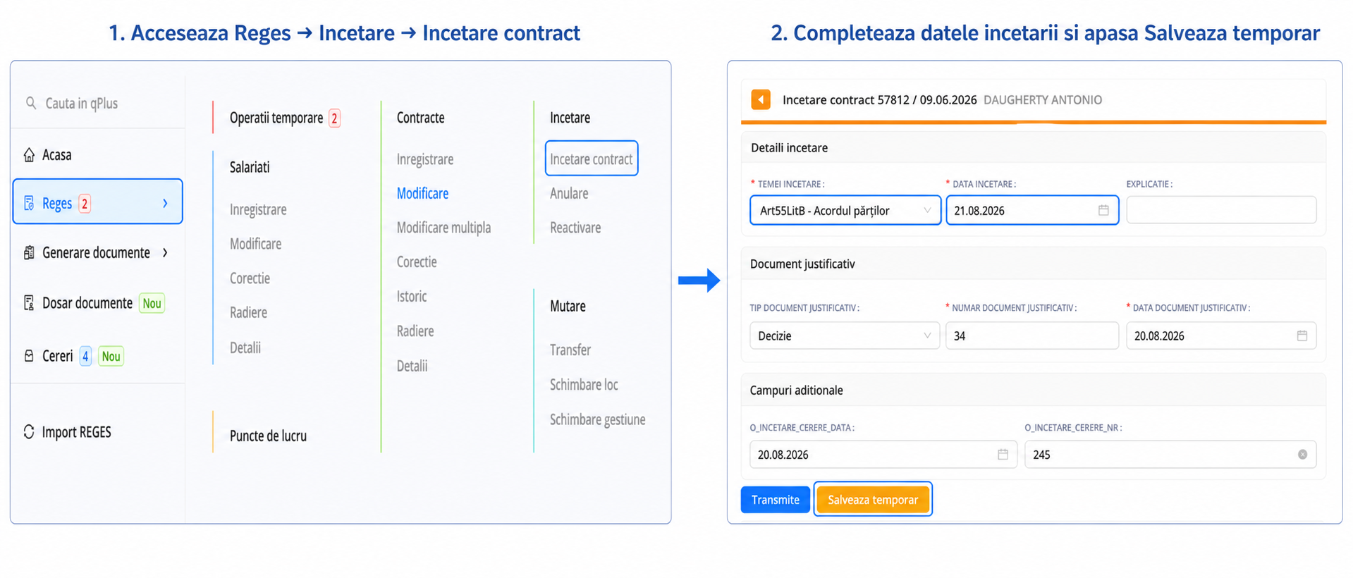 Inregistrarea unui salariat temporar din Reges, prin completarea formularului si selectarea optiunii Salveaza temporar