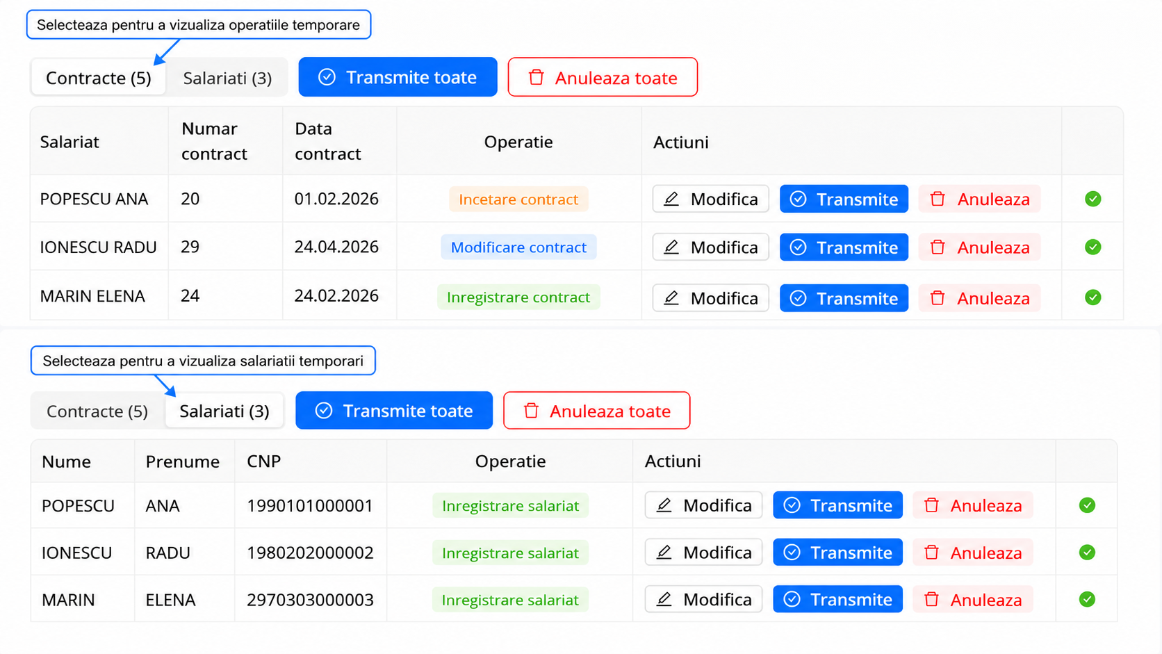 Inregistrarea unui salariat temporar din Reges, prin completarea formularului si selectarea optiunii Salveaza temporar