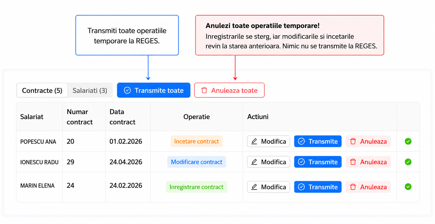 Inregistrarea unui salariat temporar din Reges, prin completarea formularului si selectarea optiunii Salveaza temporar