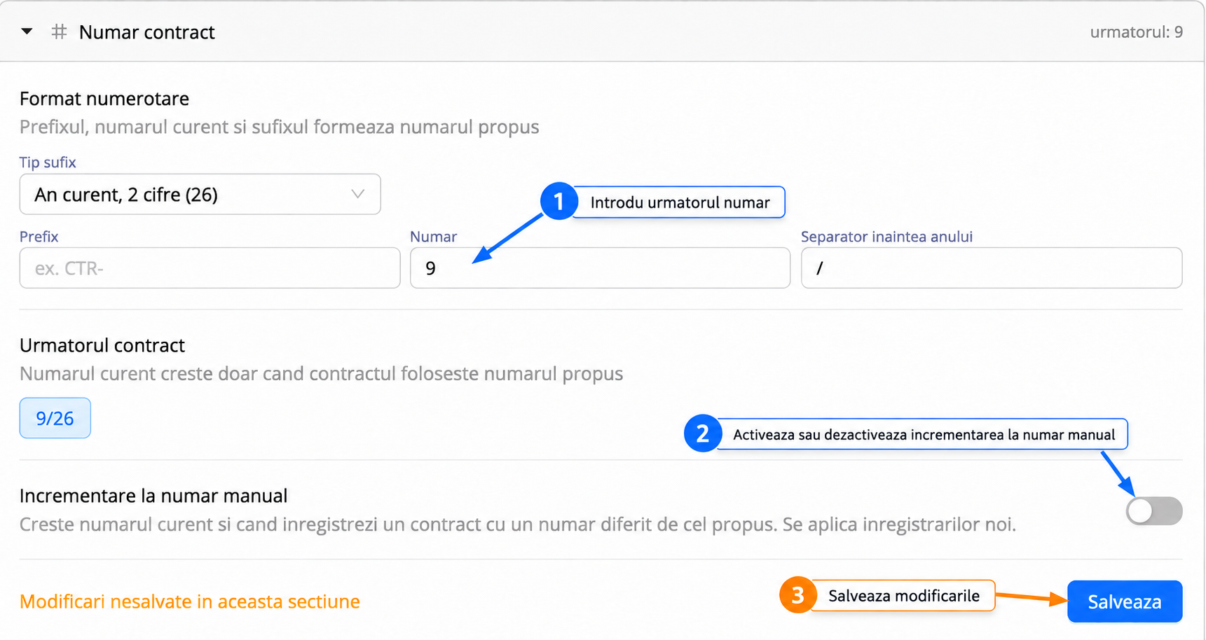 Pasii pentru configurarea formatului si incrementarii numarului de contract in qPlus