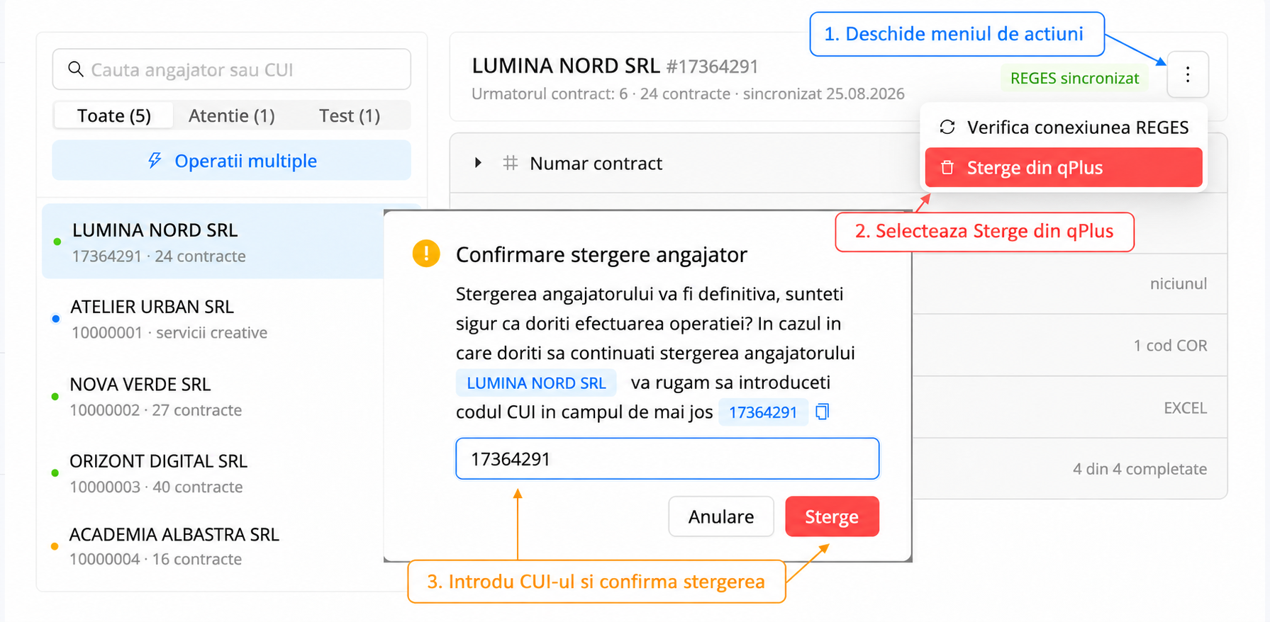 Pasii pentru stergerea unui angajator din qPlus