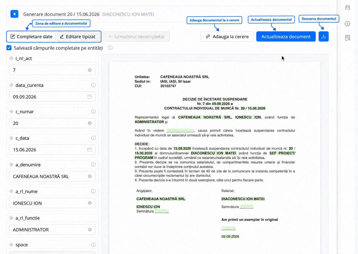 Actiunile disponibile pentru completarea, editarea, actualizarea, descarcarea si atasarea documentului generat la o cerere