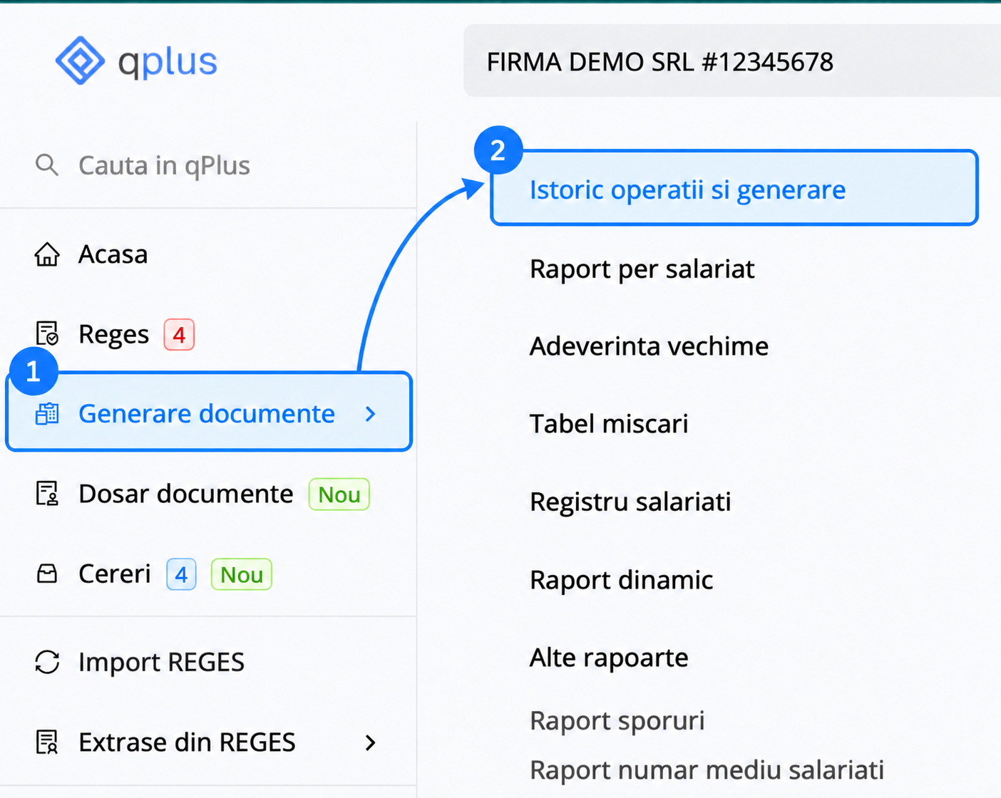 Accesarea sectiunii Generare documente si a optiunii Istoric operatii si generare din qPlus