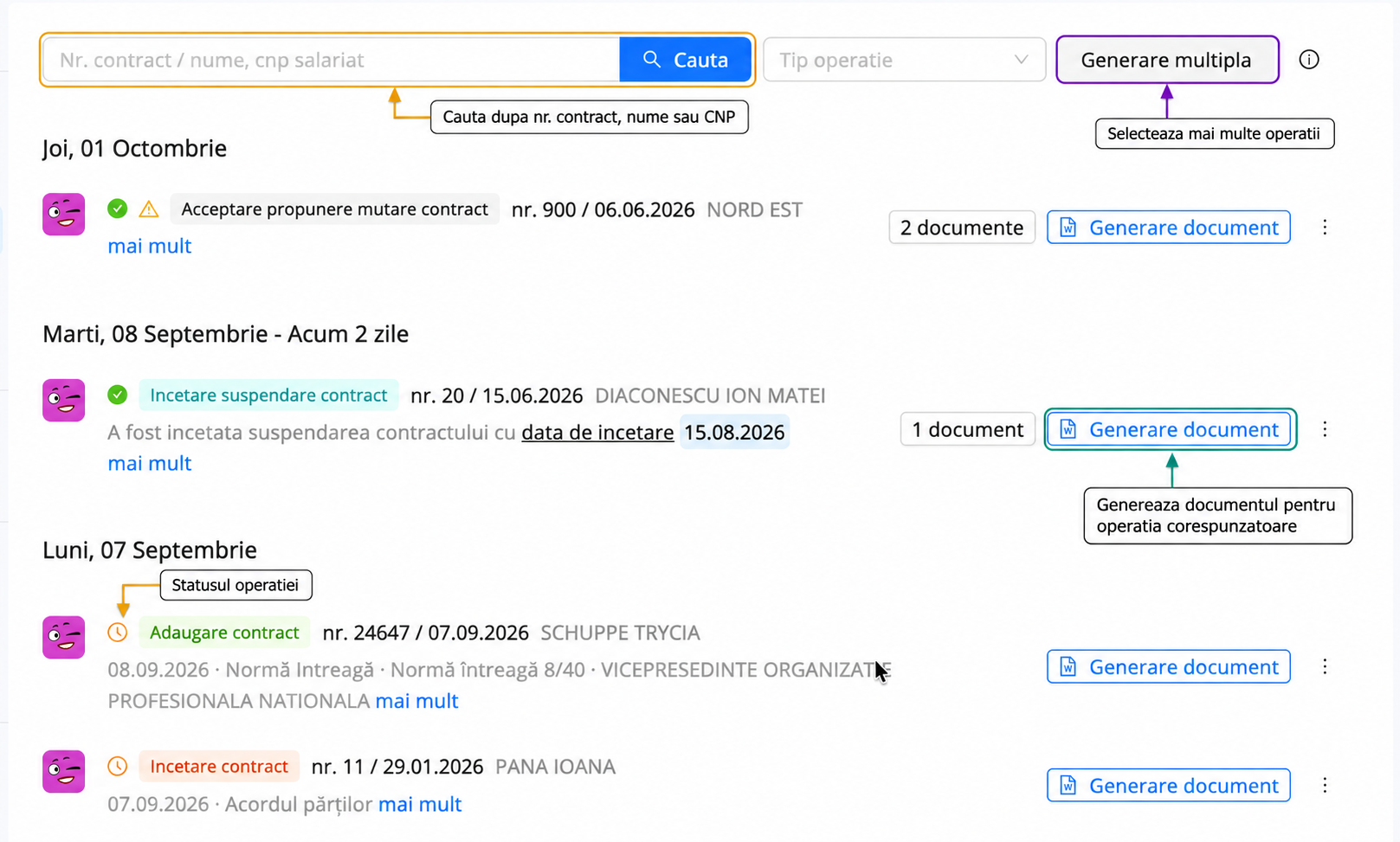 Elementele afisate in pagina Istoric operatii si generare din qPlus: cautare, filtrare, generare multipla, legenda statusurilor, operatii si generarea documentului